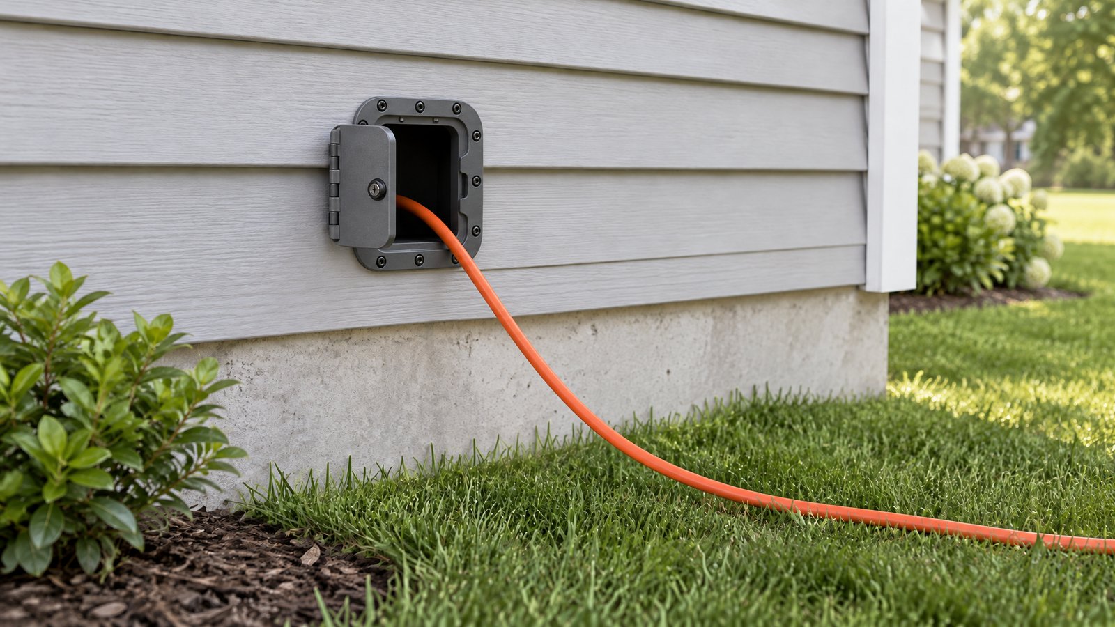 Extension cord passing through a locking hatch door in an exterior wall
