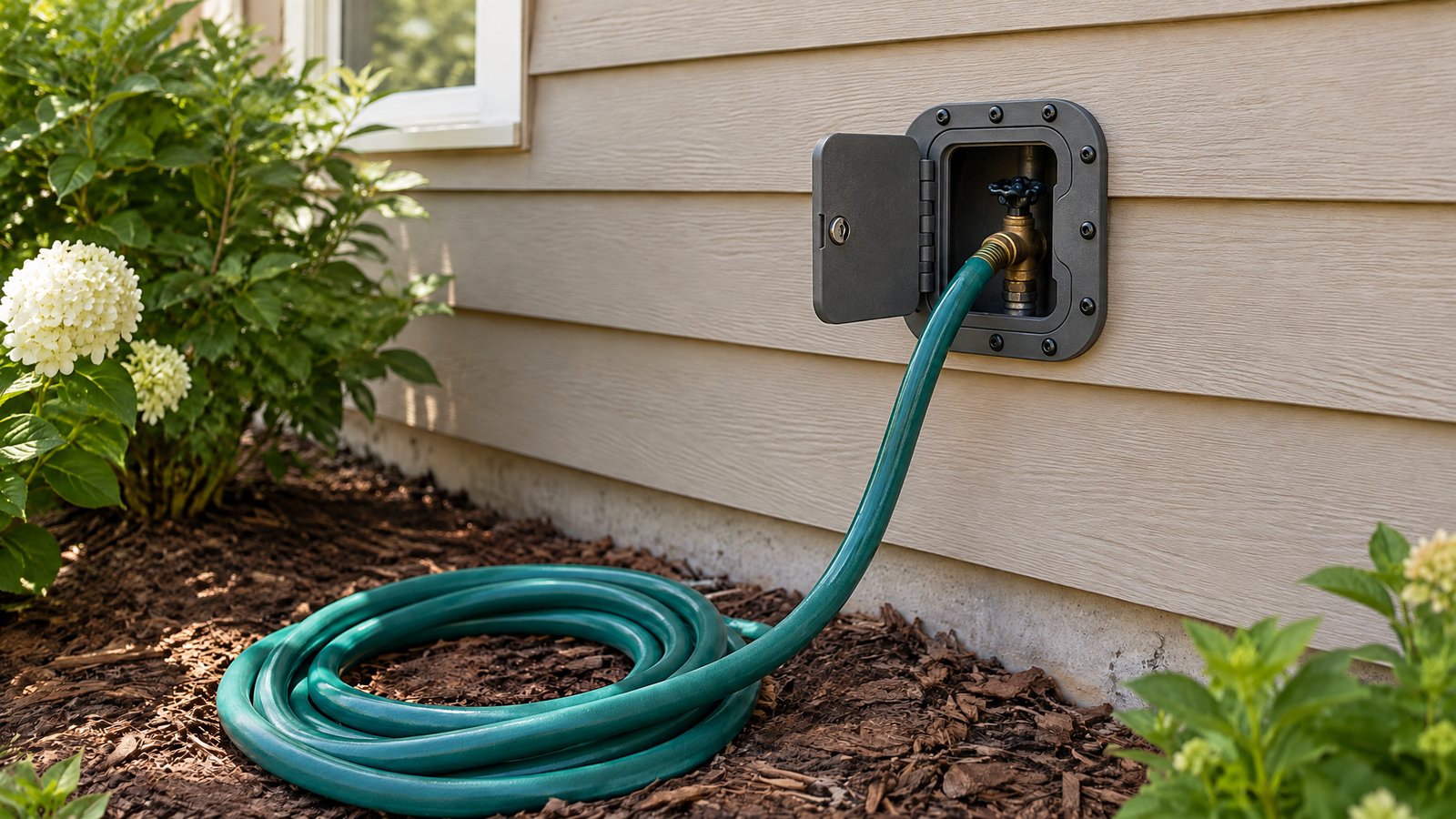 Garden hose routed through a locking hatch spigot access door on a home exterior