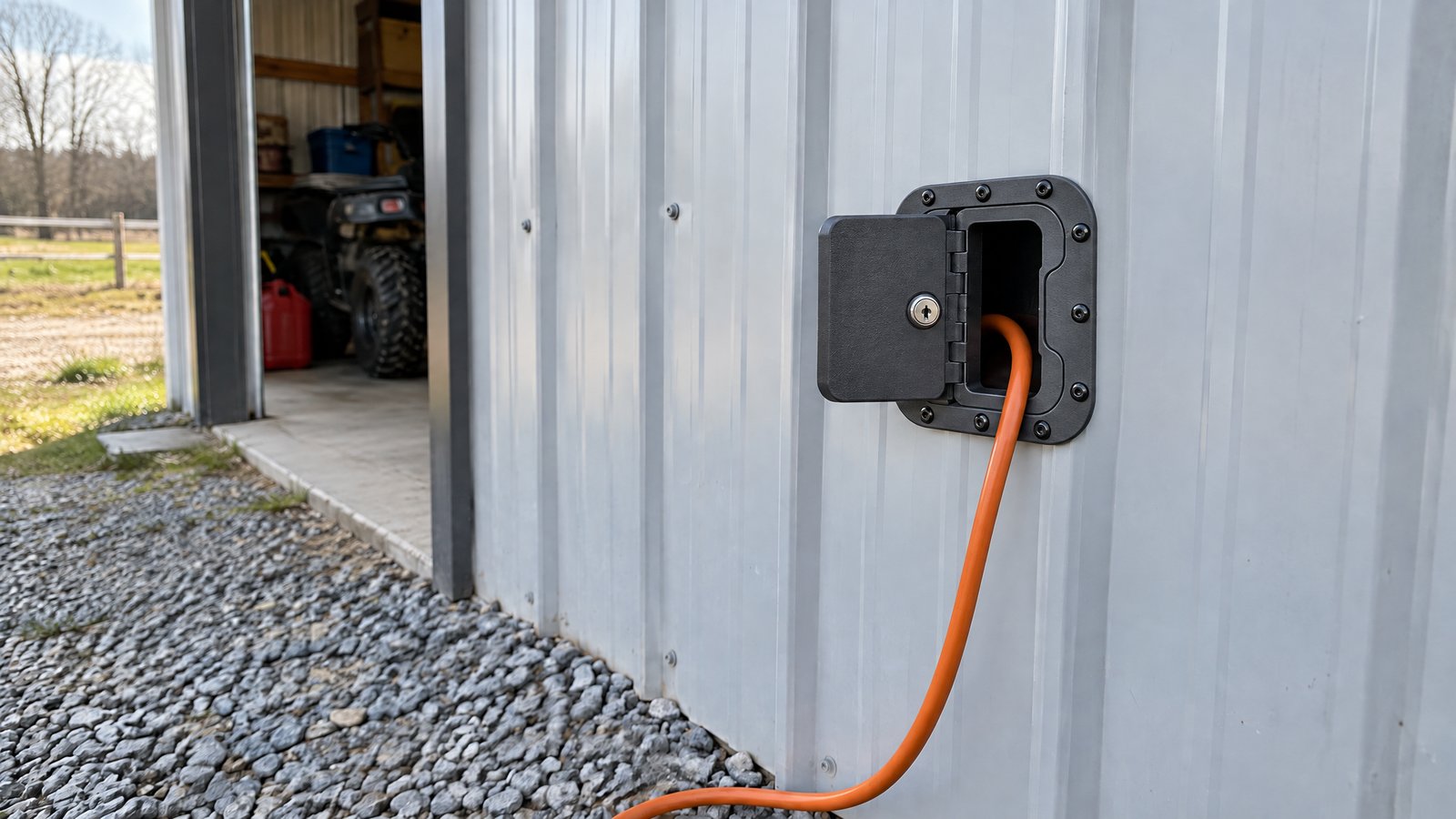 Locking hatch with an extension cord passing through the metal wall of a pole barn
