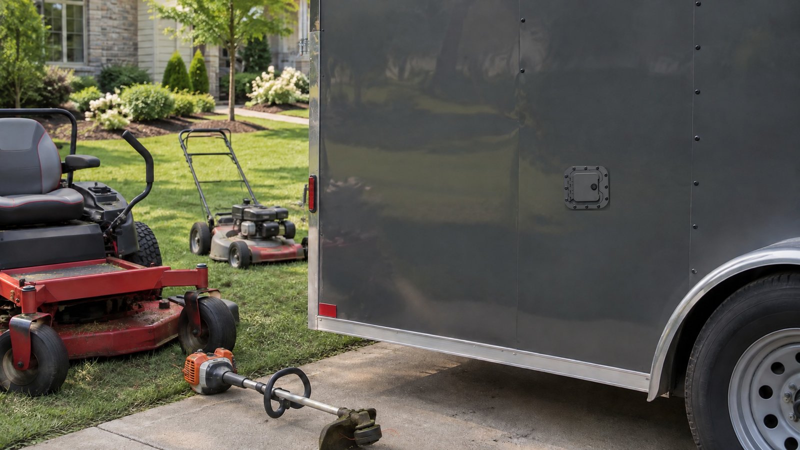 Locking hatch access door on an enclosed lawn-care and landscape trailer with mowers nearby