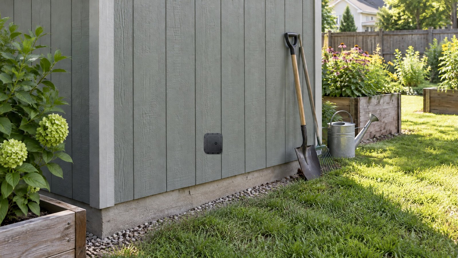 Charcoal locking hatch door installed in the wood siding of a backyard shed